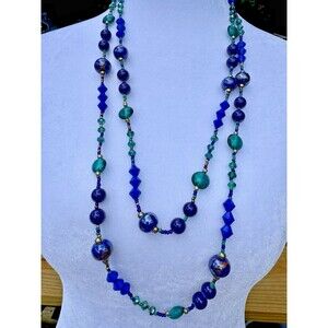 Cobalt Blue Green Glass Bead Long Layering Necklace Teal 58 Inch Premier Designs